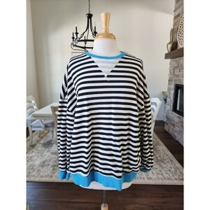 Classic Black White Striped Crew Neck Sweatshirt Pullover Top Women's X Large